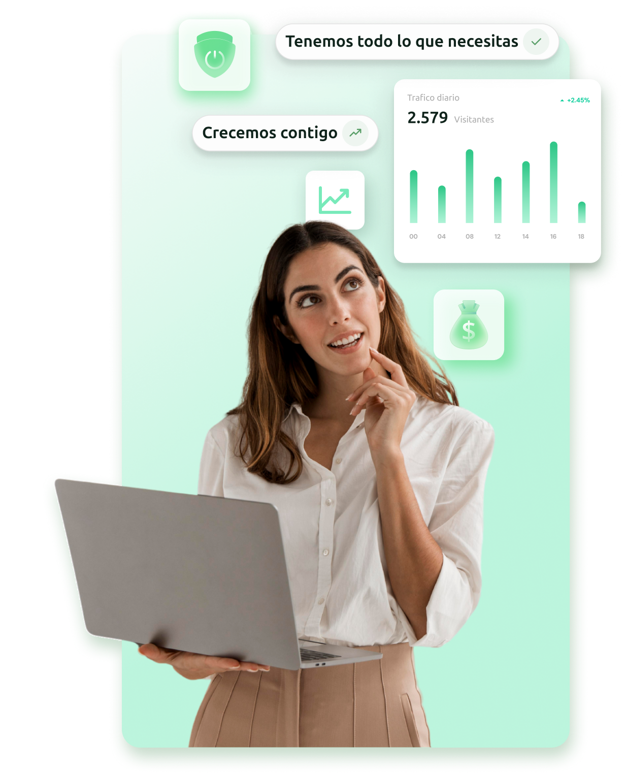 Professional woman with laptop and analytics dashboard background